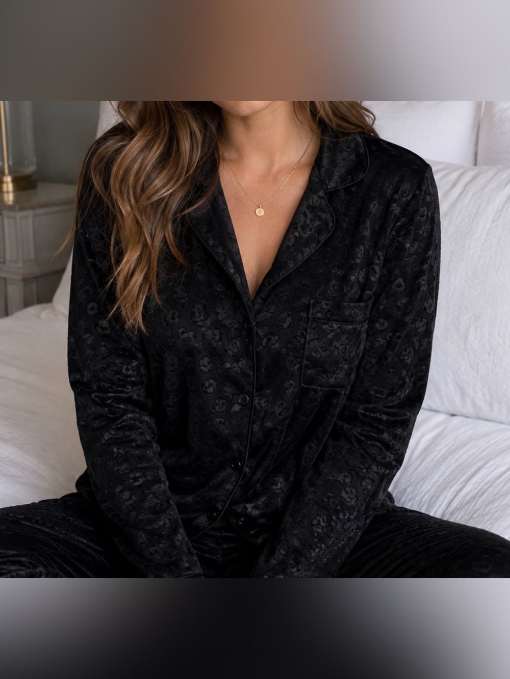 Nicole Miller Black Velvet Leopard-Print Pajama Top